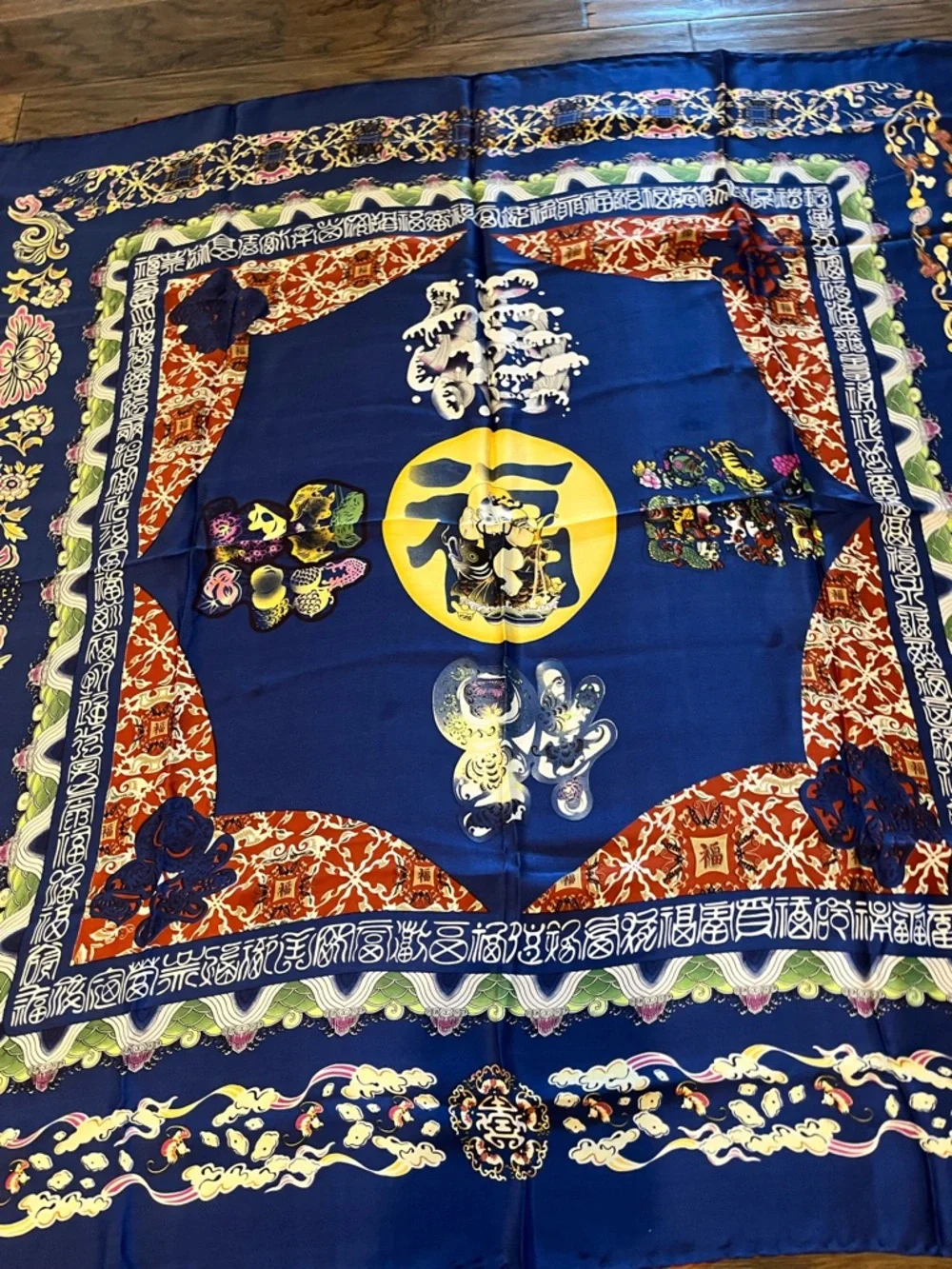 Vintage Silk Scarf Chinese Motif Beautiful colorful Silk Scarf Hand Rolled Edge